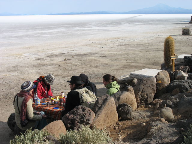 4e jour – Déjeuner au pied de l'Isla Incahuasi (ou Isla del Pescado) dans le Salar de Uyuni – De gauche à droite : Maïte, Jeroen, Matthieu, Maja et Sophie IMG_7112.JPG